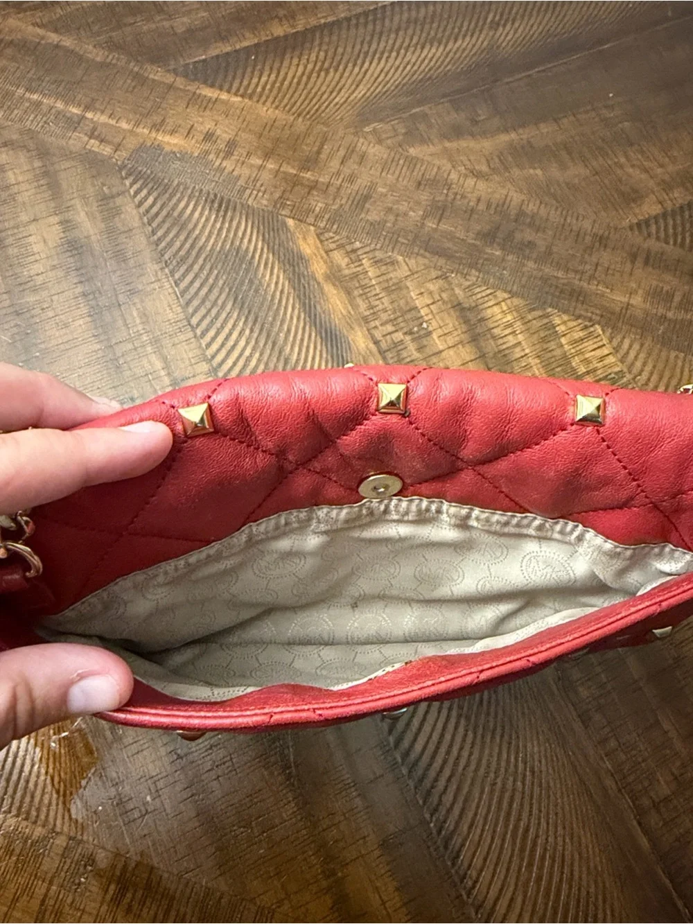 Michael Kors Red Quilted Stud Chain Shoulder Bag with Gold Hardware
